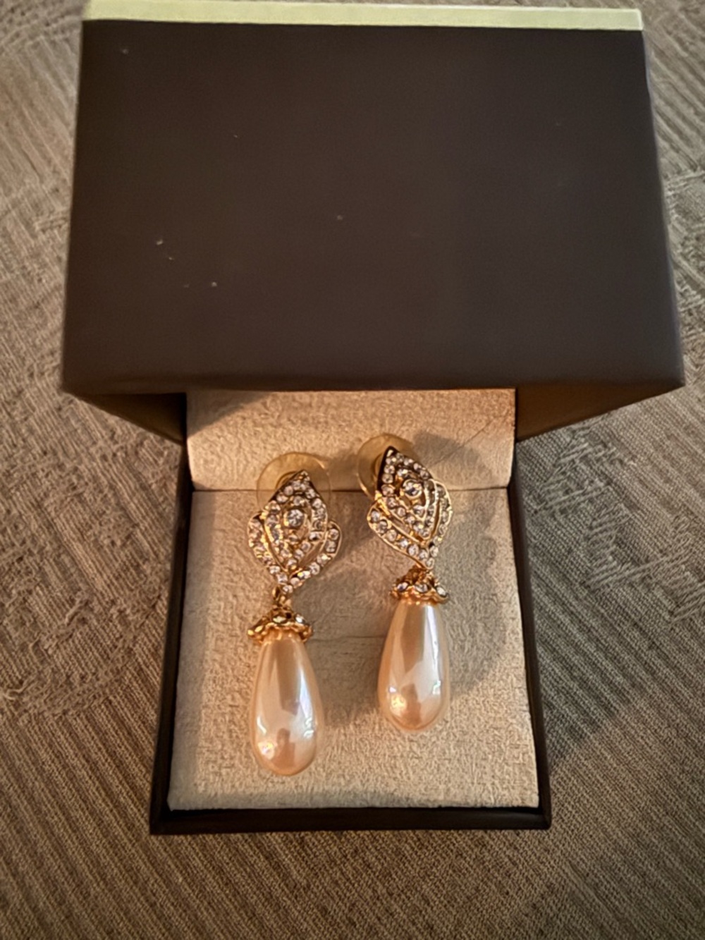 Gold Crystal Drop Earrings with Ivory Pearl Teardrops
